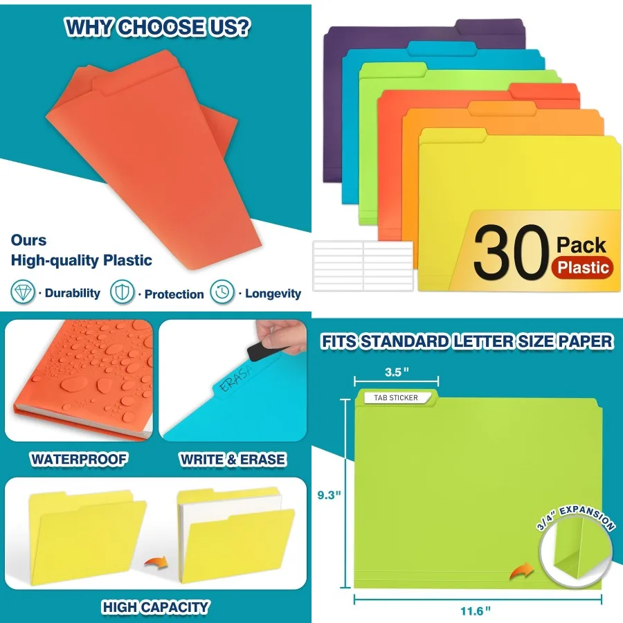 H4D 30팩 컬러 파일 폴더 플라스틱 마닐라 폴더 1/3 컷 탭 레터 사이즈 가정 학교 사무용품 문서용