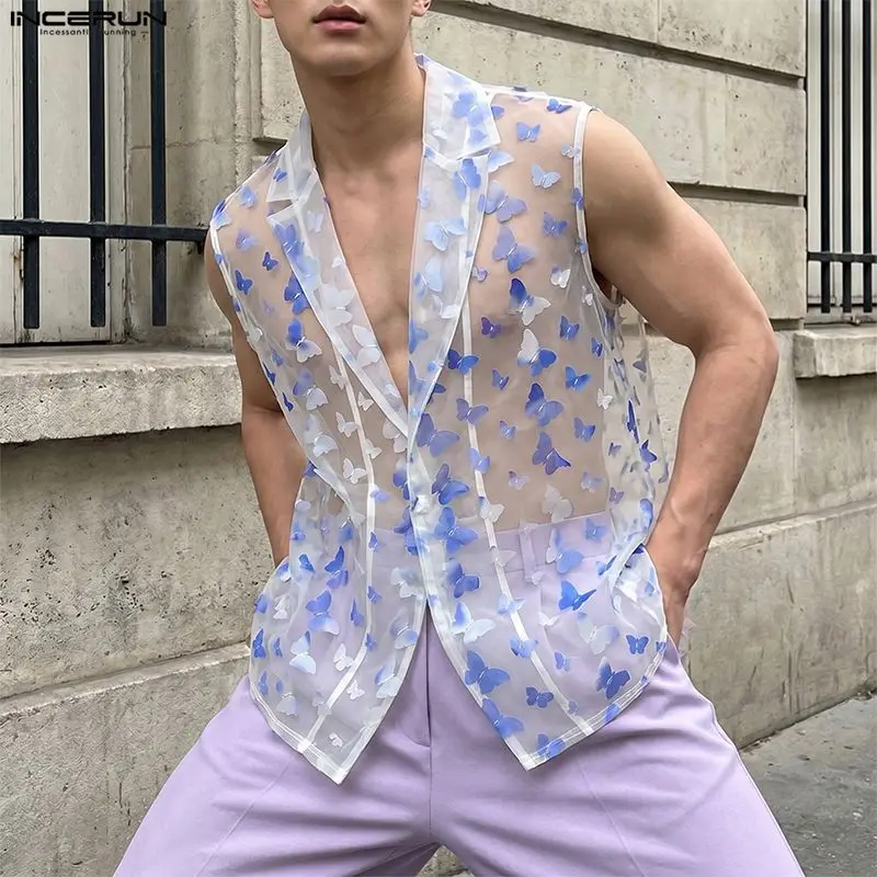 INCERUN Men's Vests Patchwork Mesh See Through Lapel Sleeveless Male Waistcoats Streetwear Sexy Fashion Party Men Clothes Tops