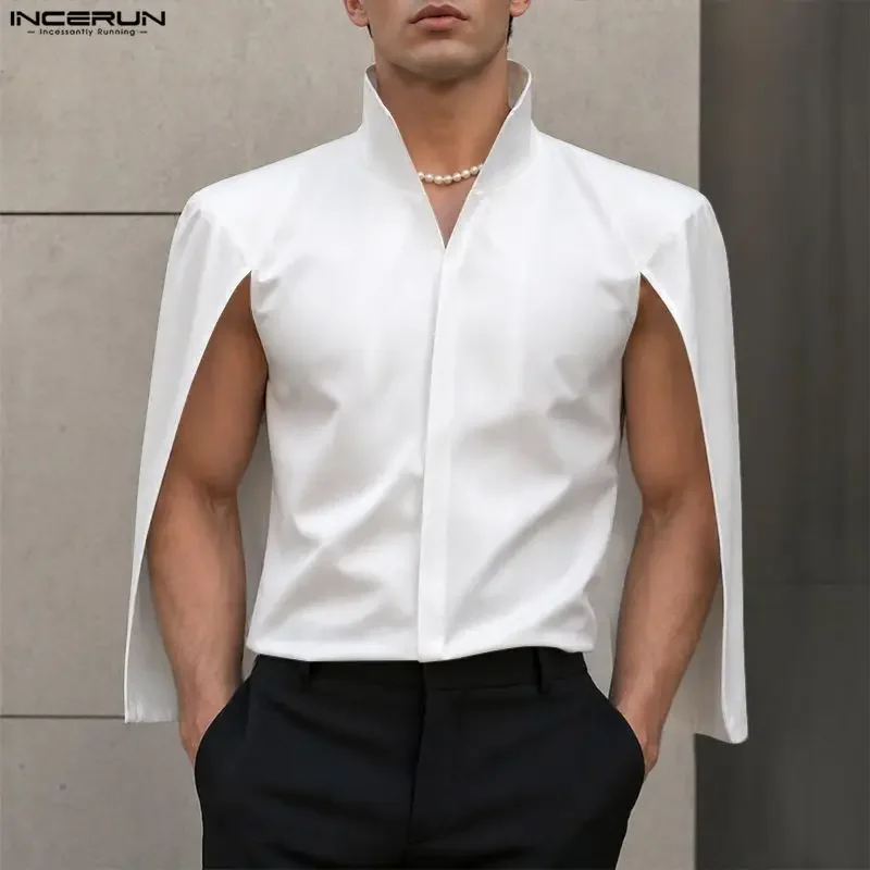 INCERUN Men's Shirt Solid Color Stand Collar Casual Ponchos Cloak For Man Tops Streetwear Personality 2026 Loose Men Clothes
