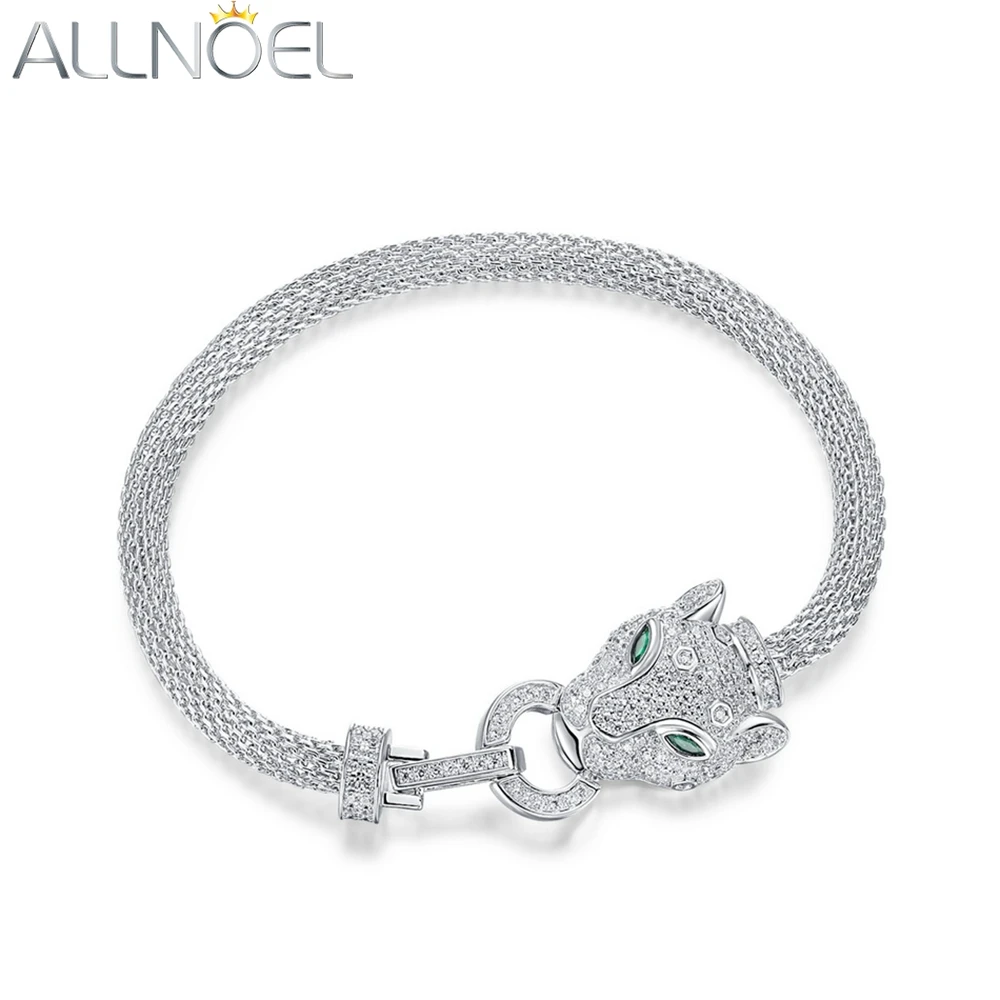 ALLNOEL 100% 925 Silver Bracelet For Women Hollow Leopard Head Panther Green Eyes Luxury Gifts Hip Hop Animal Jewelry Wholesale