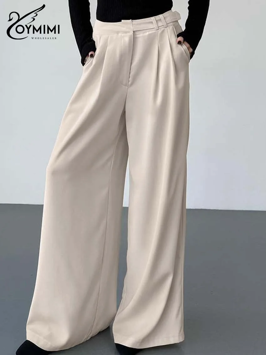 

Oymimi Casual Apricot Pockets Women's Pants Fashion High Waisted Zipper Solid Trousers Elegant Straight Full Length Pants Female