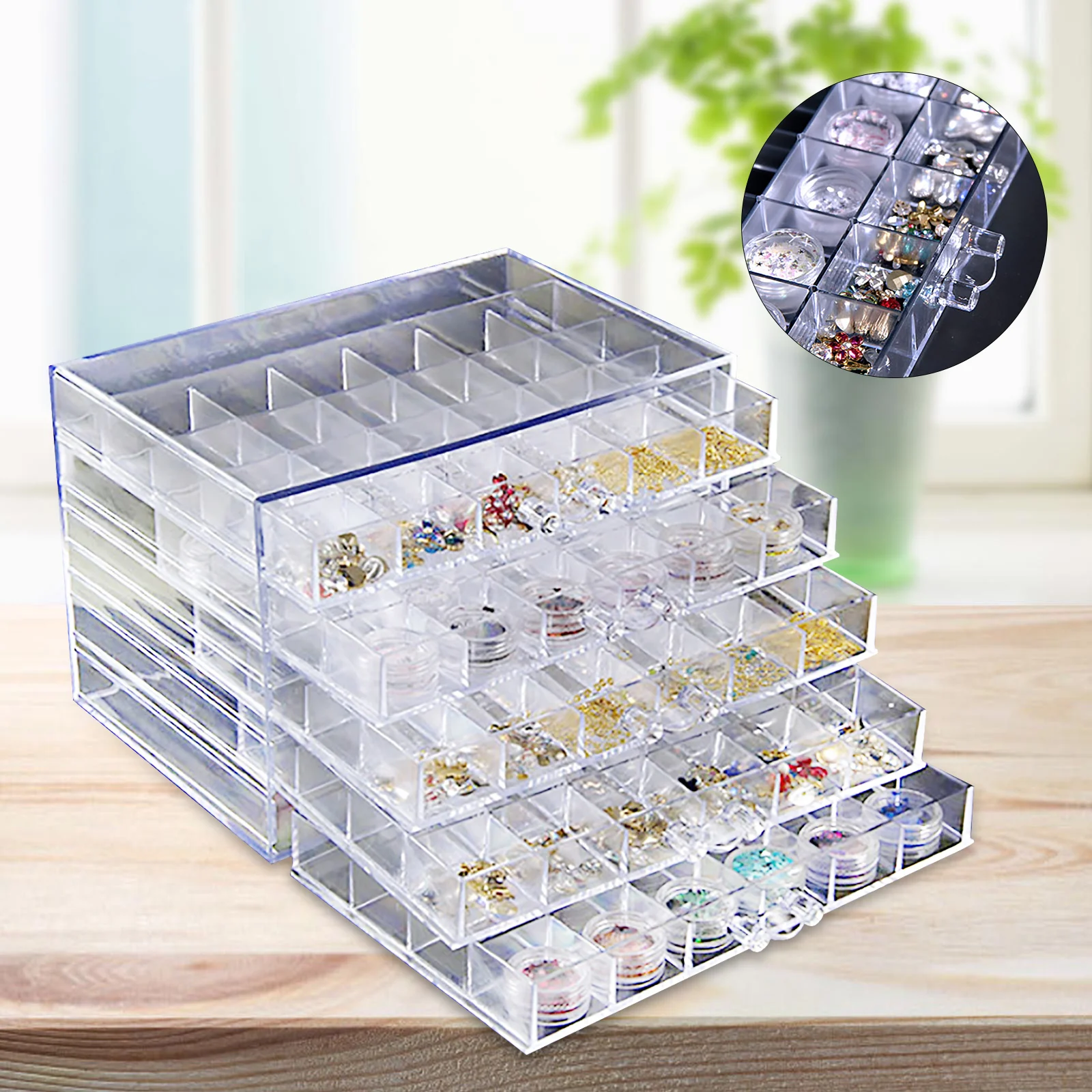 Nail Art Storage Case Rhinestones Beads Plastic Empty Organizer Box 120 Grids Large Capacity Jewelry Boxes with 5-Tier Drawer