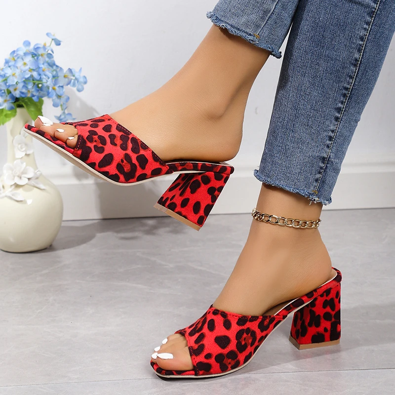 2024 Summer New Large Size 35-43 Fish Mouth High Heel Leopard Pattern Square Headed Thick Heel Suede Fashion Slippers