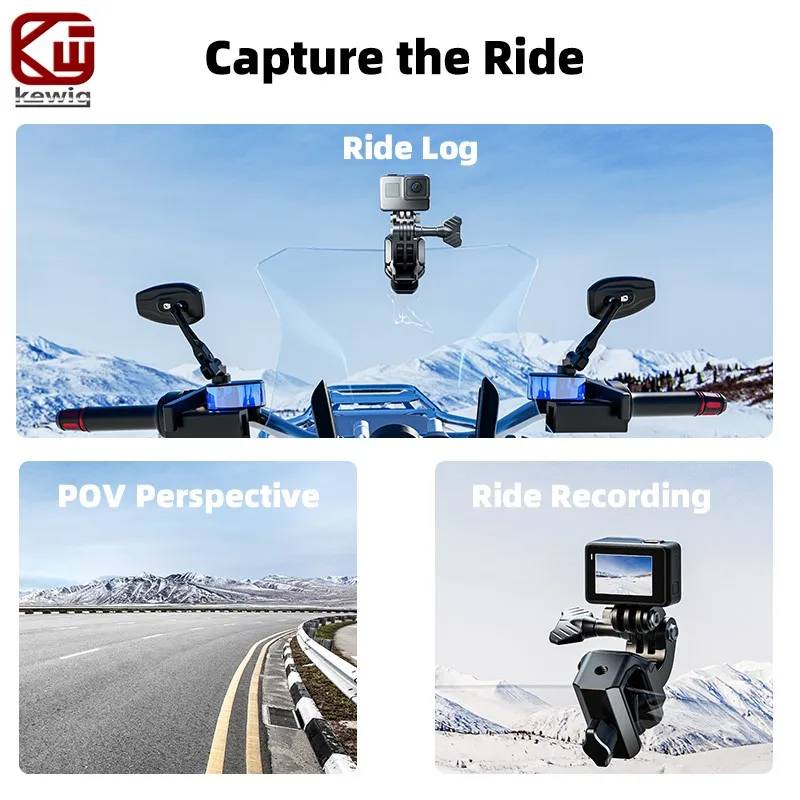 Kewig Motorcycle Windshield Camera Mount 6061 Aluminum Anti-Rust Anti-slip 180° Rotation for GoPro DJI Insta360 Action Camera image 4