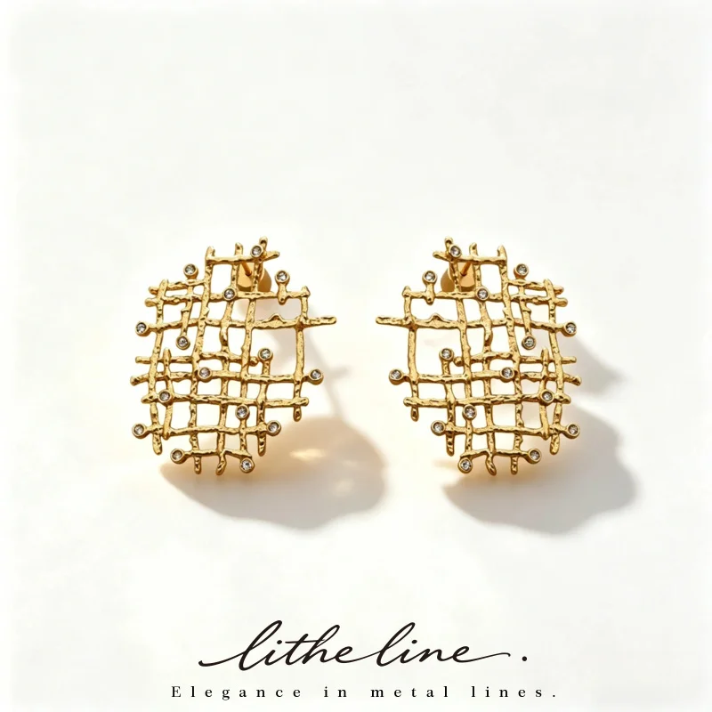 

Litheline 24K Gold Plated Sustainable Brass Braided Grid Earrings, Minimalist CZ Artisanal Luxury Jewelry