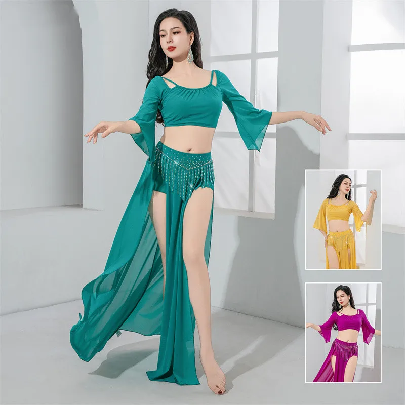 

2025 Women Bellydance Costume 2 Piece Set Long Sleeve Top Sexy Side Split Long Skirt Rhinestone Fringe Waist Oriental Outfit