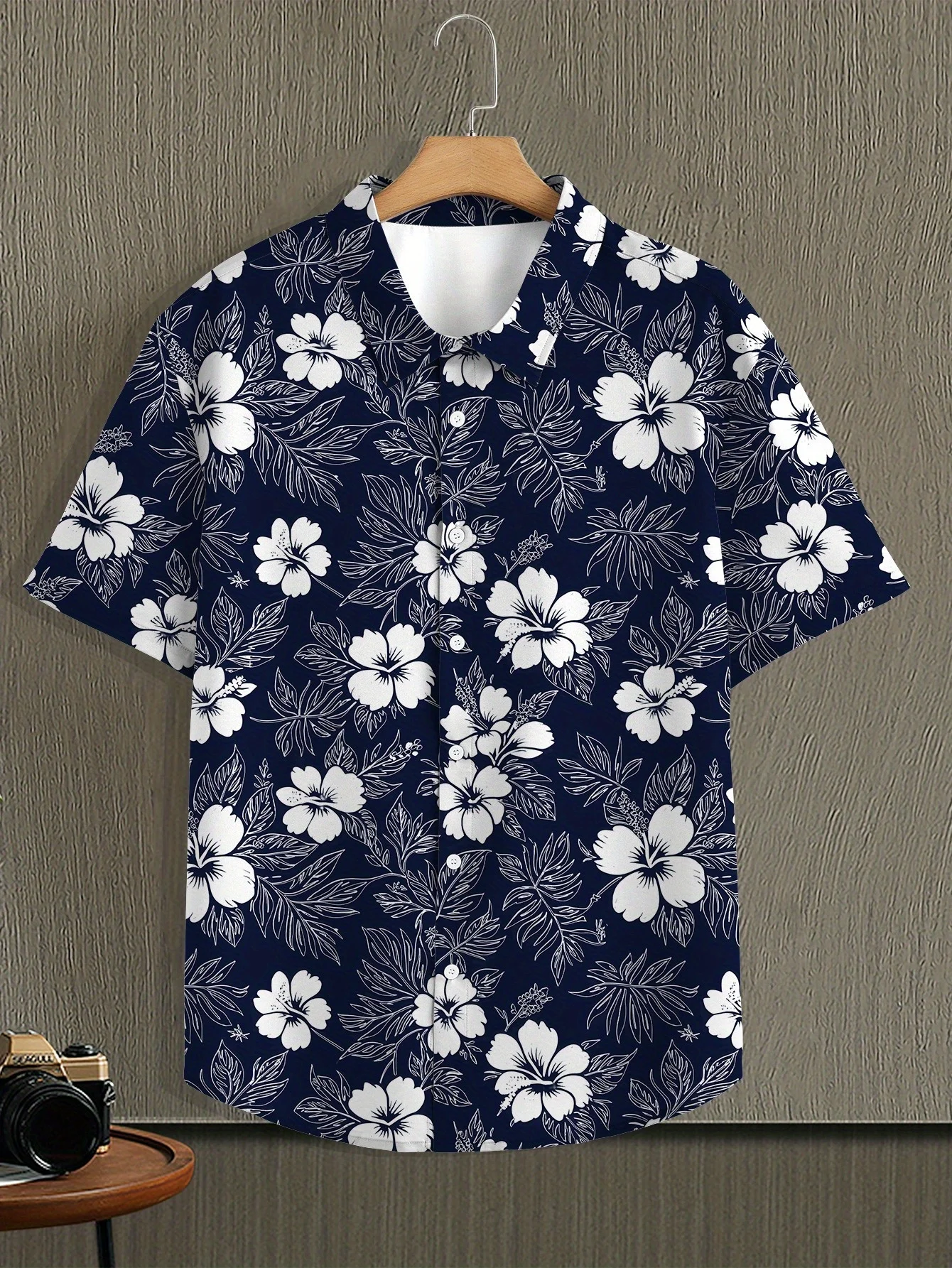 Men's Dark Navy Blue White Hibiscus Tropical Leaf Print Short Sleeve Shirt Breathable Loose Hawaiian Shirts Casual Office Wear