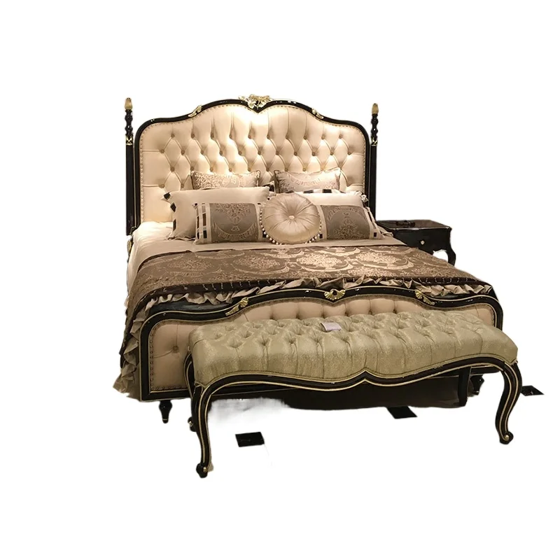 

European leather bedside stool neoclassical luxury solid wood carving flower shoe stool