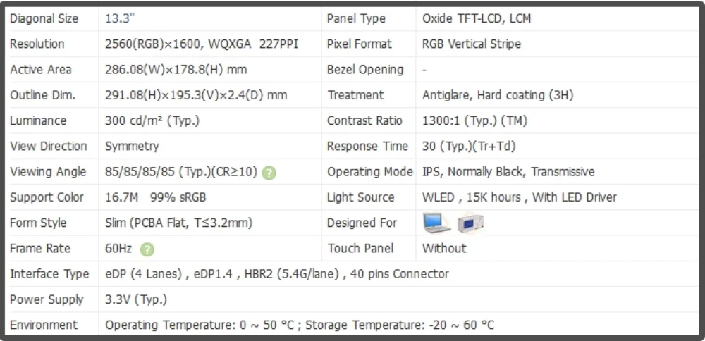 LP133WQ1-SPB1 13.3 inch LCD Screen Laptop Display IPS Panel QHD 2560x1600 Non-touch