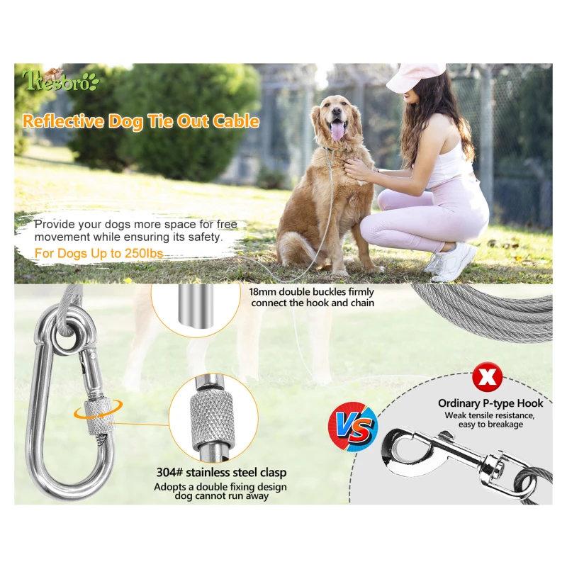 Dog Tie Out Cable,4.6m/9m/15m Dog Leash, Yard Walking Leash, Wire Dog Leash with Premium Clip for Dogs Under 250 lbs