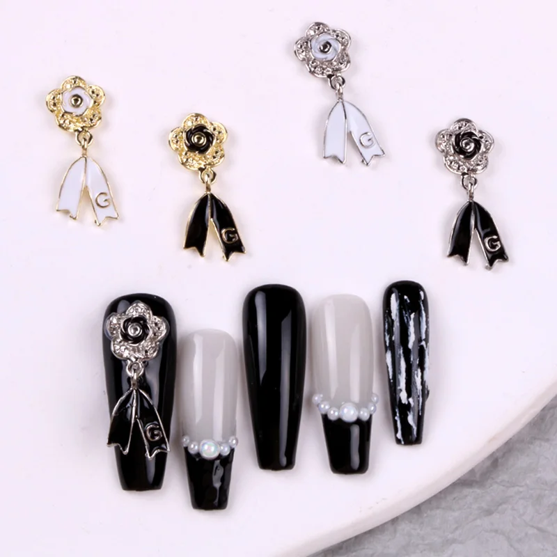 2023 TSZS 10pcs/Lot Nail Art Metal kawai Bow  Jewelry New Small Fragrance Black and White  Gold DIY Nail deco