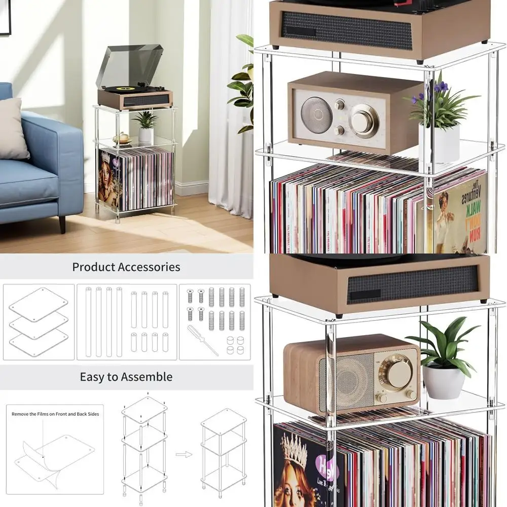 

Компактная акриловая 3-х уровневая подставка для пластинок с местом для хранения, 15,75 x 11,81 x 24,5, современный приставной столик для виниловых альбомов