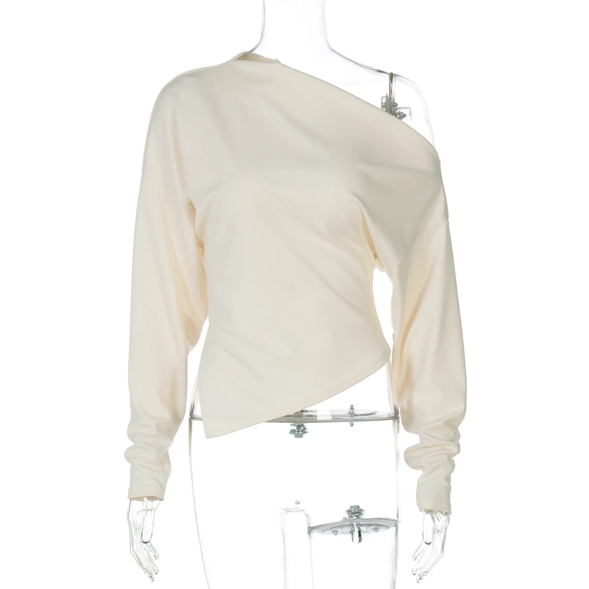 Damen Casual Top Modisches Schlankes Langarm-Pullover-Oberteil Sexy Schulterfreies Plissiertes Party-Top Weibliche Streetwear Überzieh-Oberteil – Detail 4
