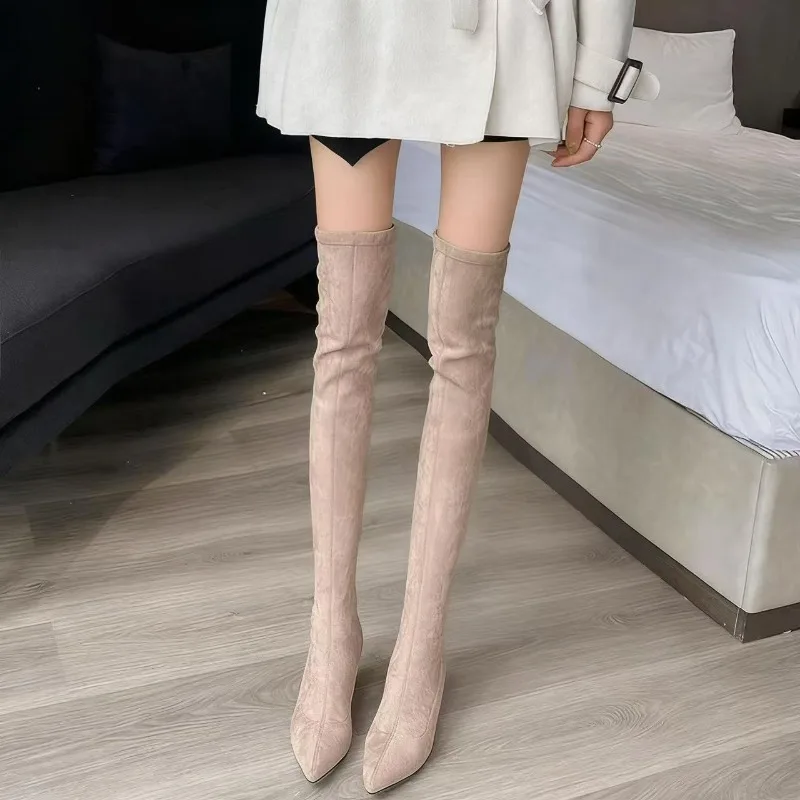 أحذية نسائية مثيرة بمقدمة مدببة فوق الركبة أحذية بكعب مربع أحذية عالية دافئة أحذية جورب مرنة للنساء من جلد الغزال أحذية بسحاب خلفي #1