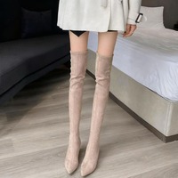 Sexy Women's Boots Pointed Toe Over The Knee Boots Square Heel Warm High Boots Elastic Sock Shoes for Women Suede Back Zip Pumps