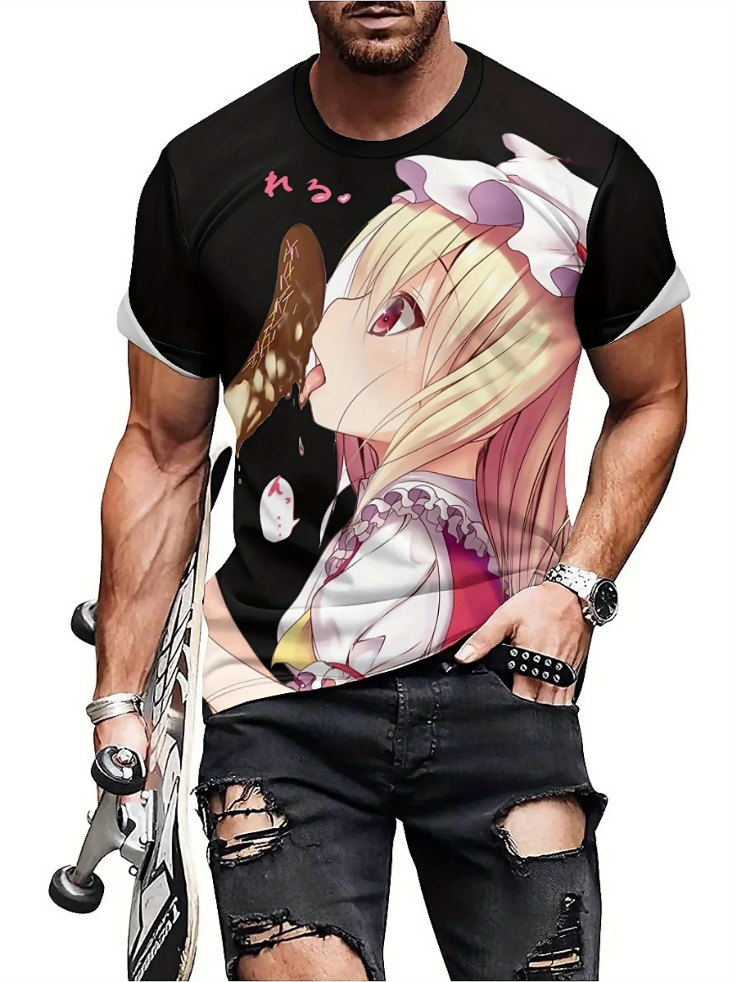 Męska koszulka z grafiką anime 3D - miękki poliester, krótki rękaw, okrągły dekolt, codzienna koszulka letnia