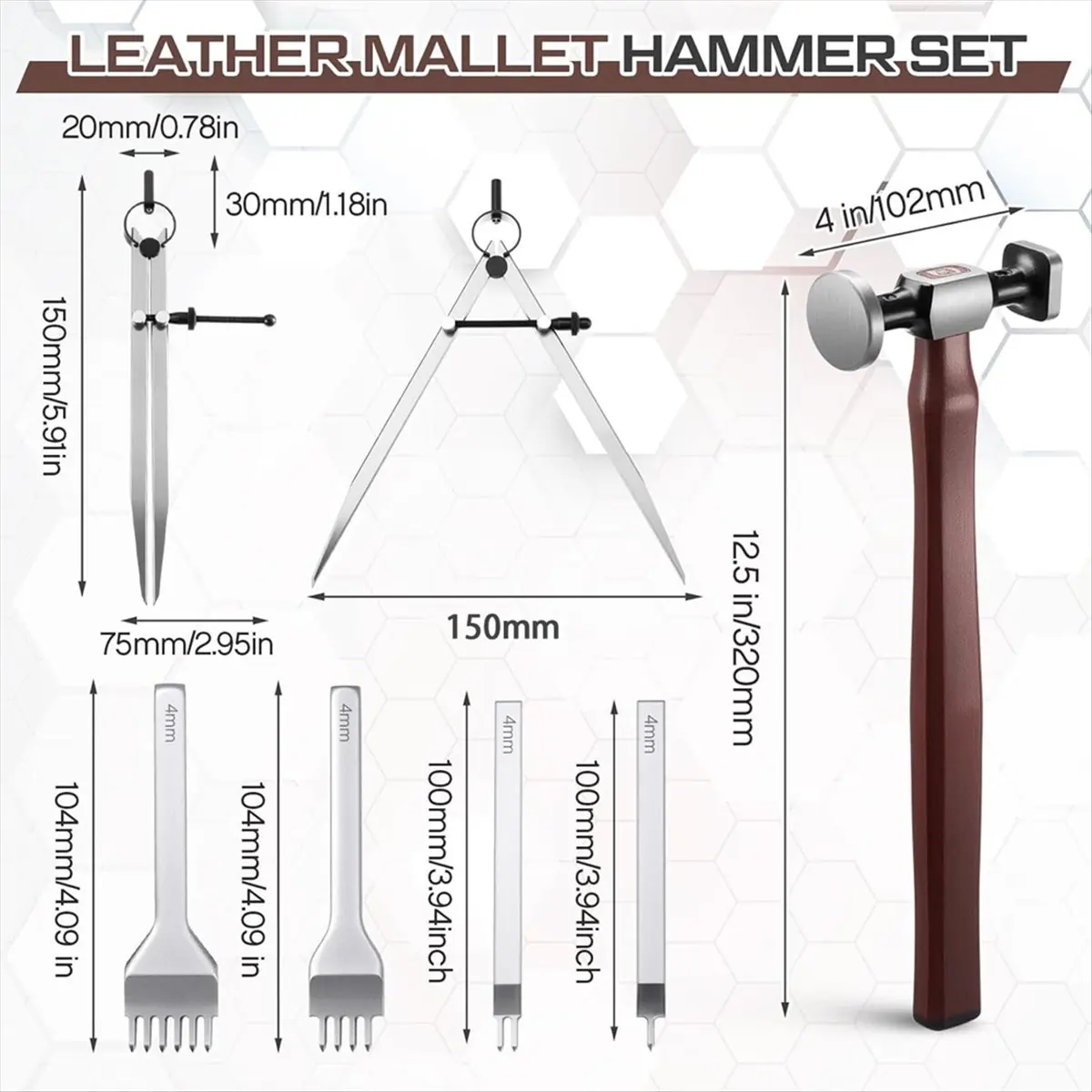 T32C New 6Pcs Pu Mallet Hammer Set Carbon Steel Double Head Hammer Math Compass Drafting for Craft Stamping and Sewing Tool
