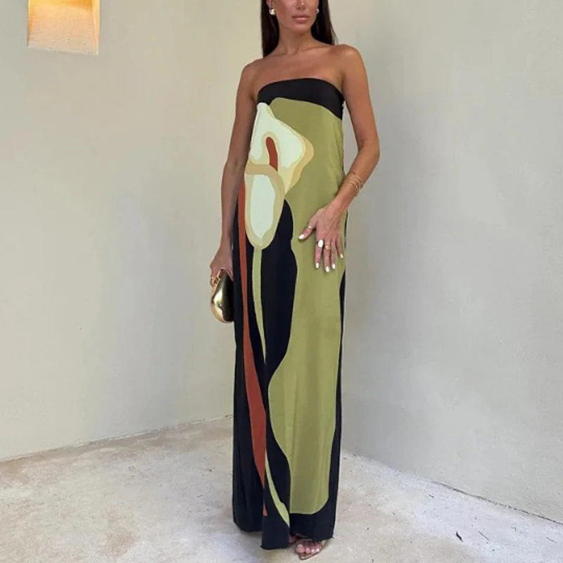 

Sexy Summer Avocado Print Strapless Dress For Women Loose Off Shoulder Contrast Color Maxi Dresses Woman Holiday Robes