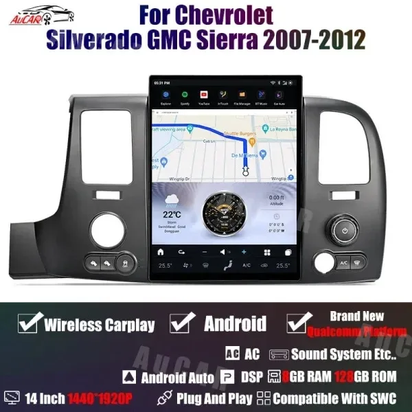AuCar 14'' Android 13 Car Radio GPS Navi For GMC Sierra Chevrolet Silverado 2007-2012 Car Multimedia DVD Player
