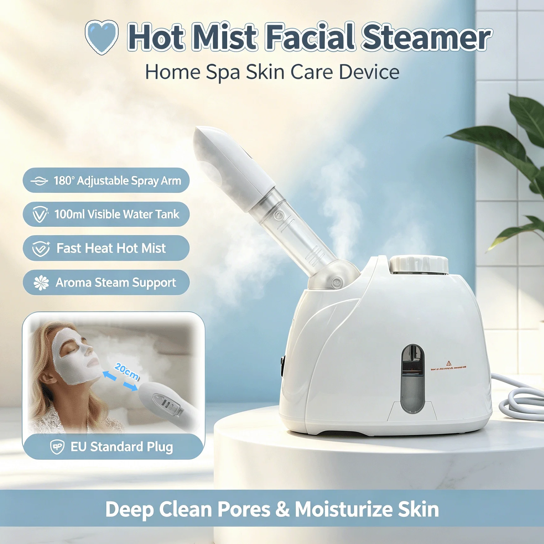 Vaporizador Facial, Máquina de Vapor Facial con Vapor Caliente, 180 ° Brazo de Pulverización Ajustable, 360° ° Humidificador para el Cuidado de la Piel con Boquilla Giratoria, Tanque de