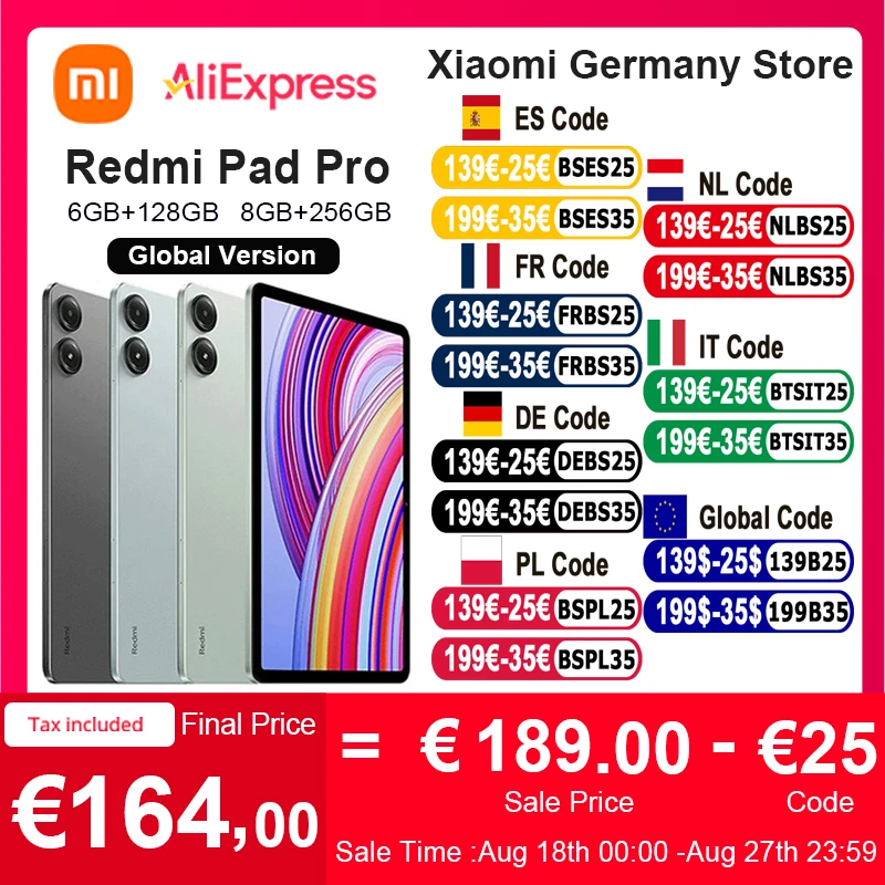 Versione globale Xiaomi Redmi Pad Pro 12.1 2.5K 120Hz Display Snapdragon 7s Gen 2 10000mAh Batteria 33W Ricarica 8MP Tablet PC