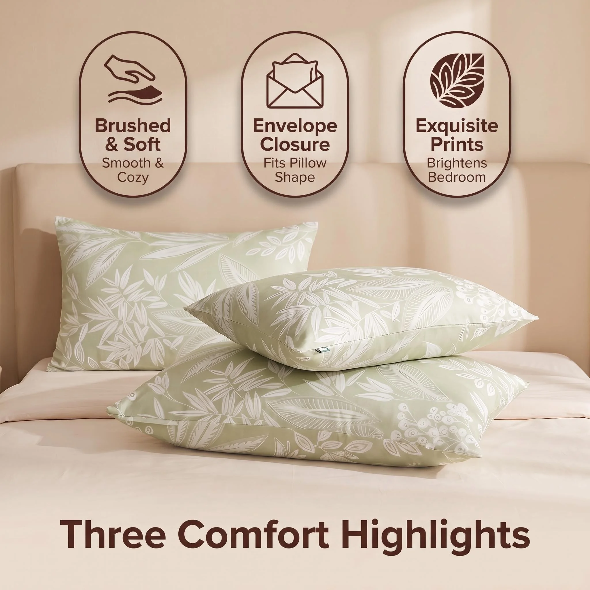 2PC Fresh Matcha Green Plant Leaf Print Pillowcases Skin-friendly Breathable Nordic Style Dormitory Home Use All-Season Washable