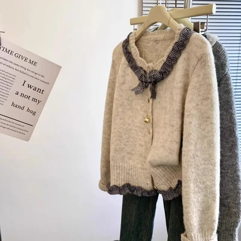 knitted tops Hot Style Fashion Gray design Korean plaid collar bow sweater cardigan women's spring age-reducing temperament