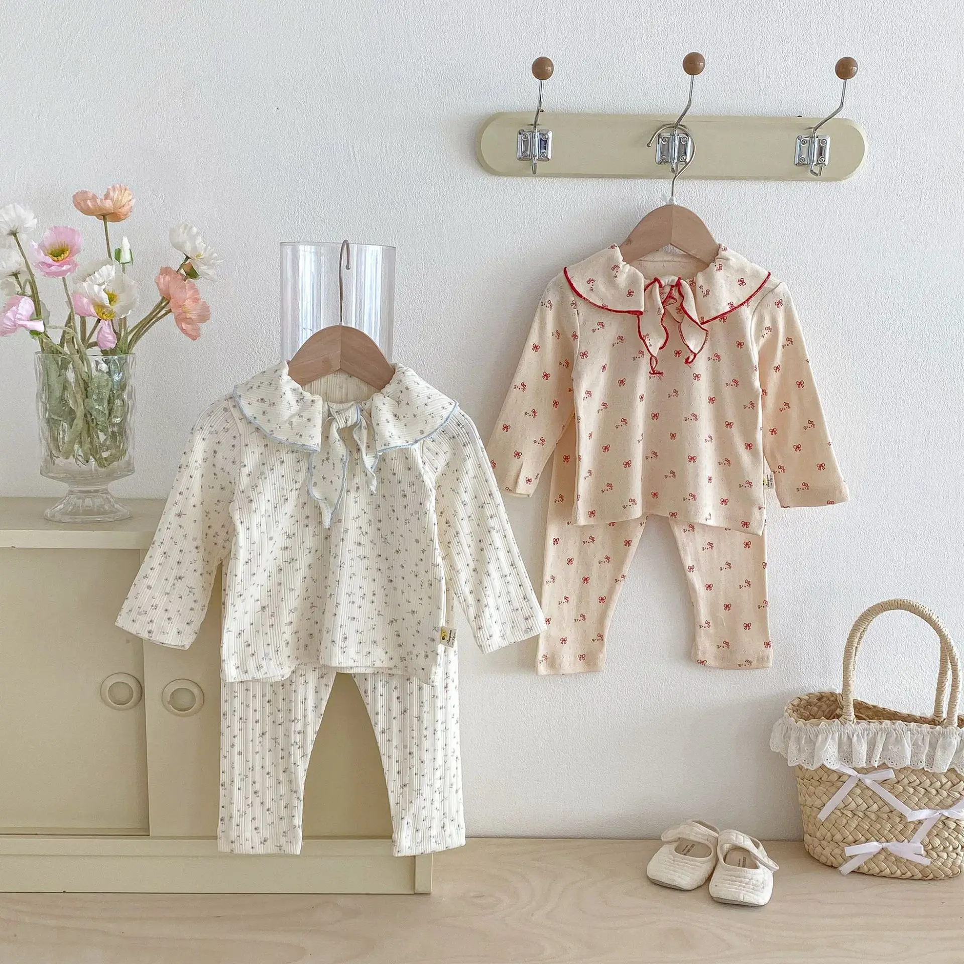 2026 Spring New Baby Girl Long Sleeve Home Clothes Set Infant Girls Sweet Floral Bow Lapel Cotton Pajamas 2pcs Suit Toddler Set