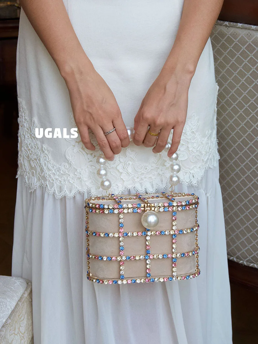 UGALS Pearl Metal Birdcage Bucket Handbag Women's Crossbody Clutch Bag for Banquet Square Grid Pattern Iron Hardware