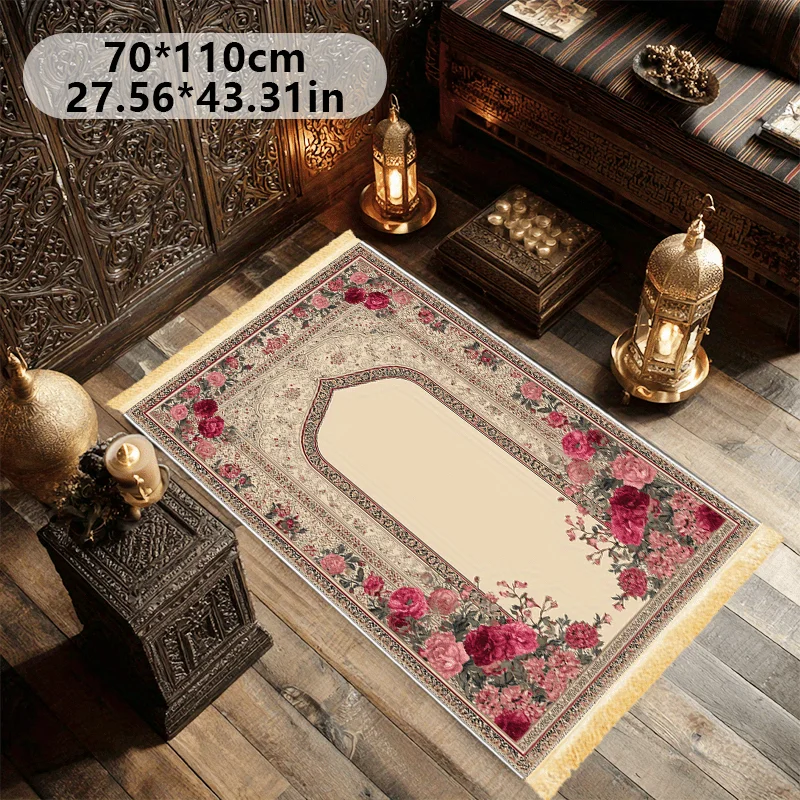VIKAMA Rose Floral Mosque Arch Muslim Prayer Mat, Washable Prayer Mat, Vintage Tassel Prayer Rug, Home Decor