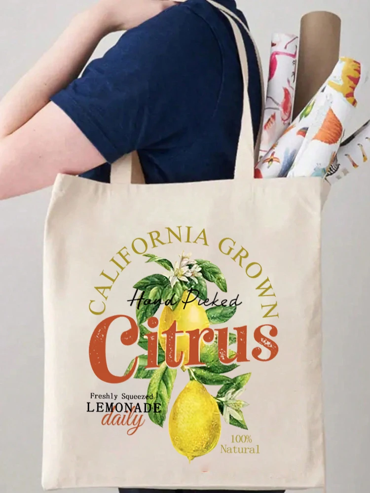 1pc Both Sides Print Girl Shoulder Tote Flower Lime Lemon Canvas Shopper Bag Plant Lady Handbags Women Shopping Bags