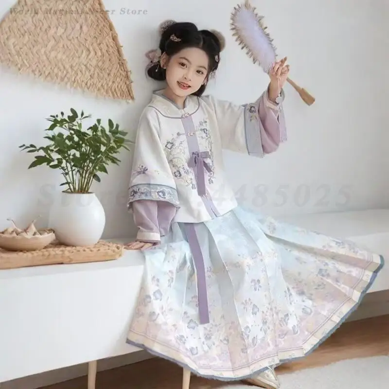 Little Girls Traditional Hanfu Floral Embroidery Bow Decor Short Coat Printed Horse Face Skirt Children Festival  Dress