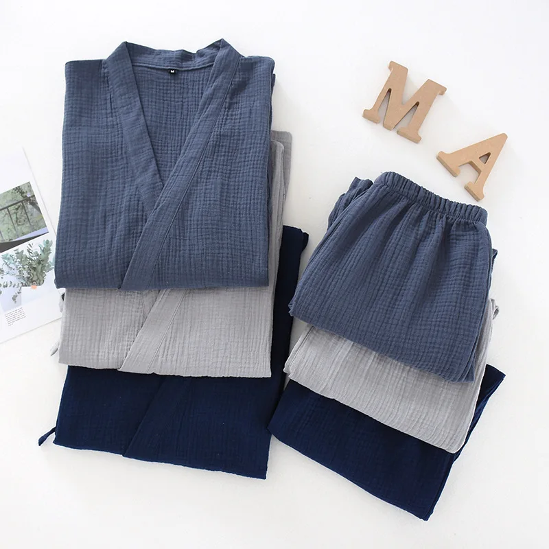 Erkekler ve kadınlar 100% pamuk Pijama artı boyutu gevşek bornoz v yaka Kimono Pijama Mujer üç çeyrek Pijama çift Loungewear