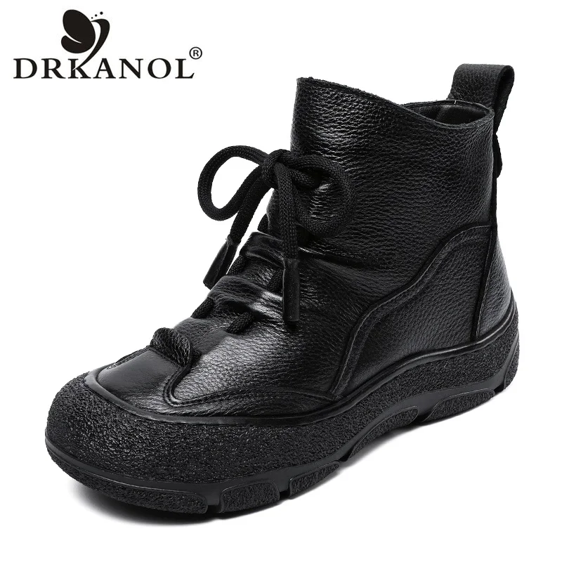 DRKANOL Women Snow Boots Winter 100% Natural Wool Warm Shoes Ladies Flat Platform Genuine Leather Side Zipper Fur Ankle Boots