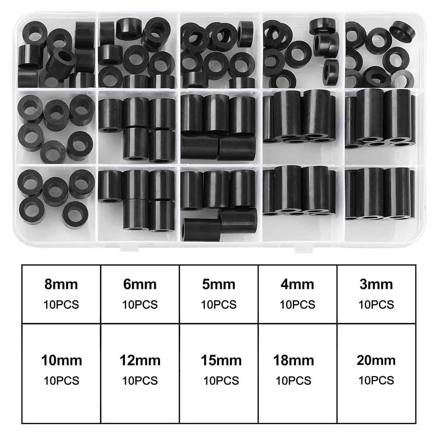 100PCS Black ABS Round Washer Spacer Standoff M6 Sizes 3-20mm Assortment Kit