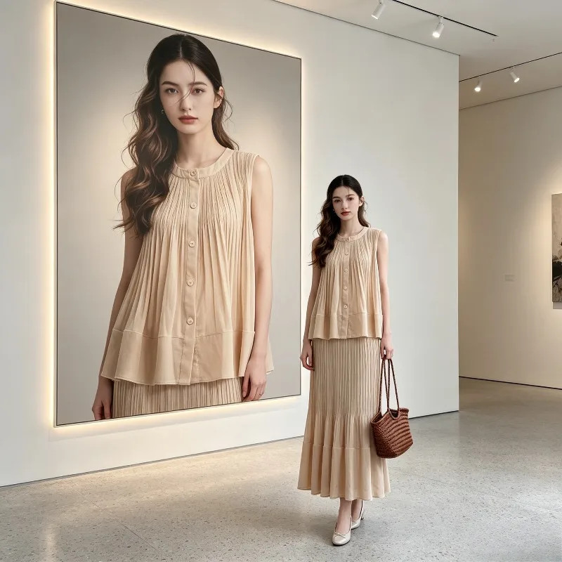 Miyake Pleated Summer 2026 New Set Luxurious Texture Sleeveless T-Shirt Loose Fishtail Skirt Vacation Style Two-Piece Set Pleat