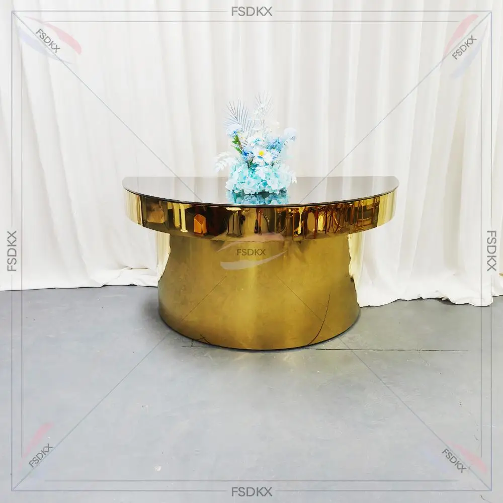 

banquet furniture metal base glass top wedding events dining gold stainless steel half round tables glass