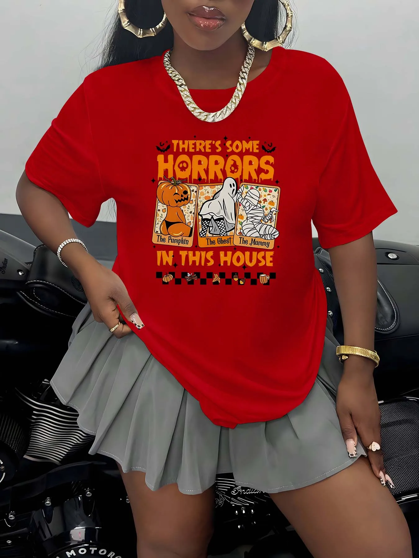 

Plus Size Fashion Piece with Unique Halloween Card Characters Design Blending Spooky Fun and Elegant Vibe for Trendy Look