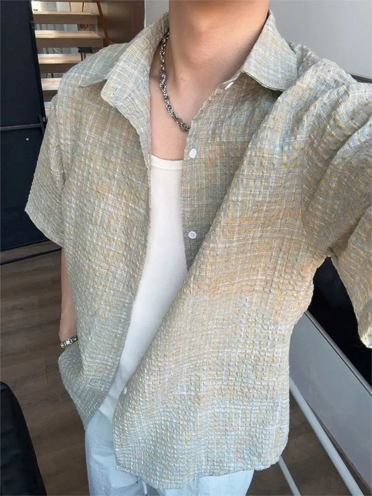 

Cleanfit Plaid Bubble Shirt Men's Summer Thin Breathable Ice Sensation Half Sleeve Shirt Cardigan Loose Fit Casual Style