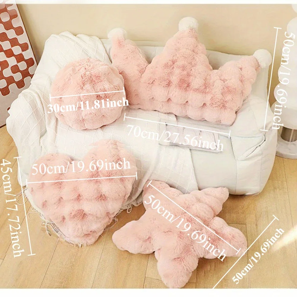 Pink/Green/White Crown Pillow Soft Backrest Pillow Heart-Shaped Rabbit Fur Pillow Skin-Friendly for Bedroom Household Supplies