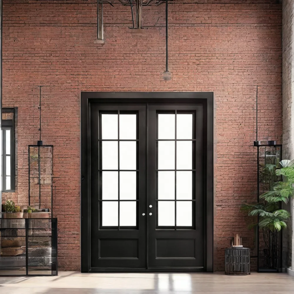 Puerta francesa de hierro forjado de lujo moderna con Material de acero estilo oscilante de vidrio templado para puertas de entrada interiores y exteriores