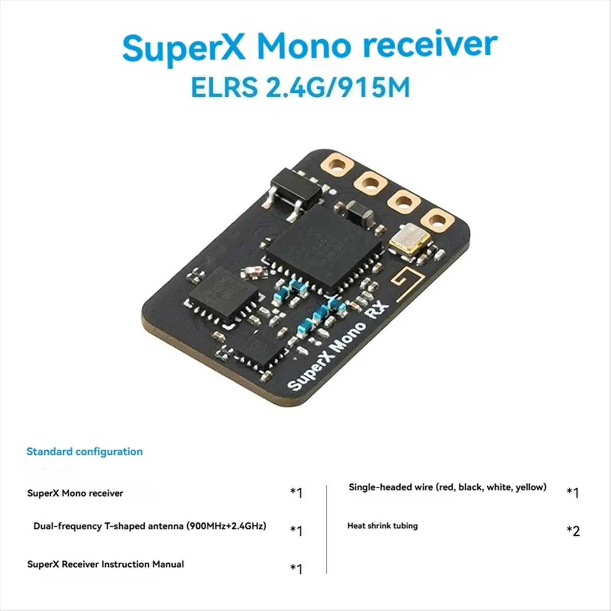 For SuperX ELRS Mono 2.4G/915M Receiver with Dual-Band T-Antenna for RC FPV Long Range Racing Drone Airplane A