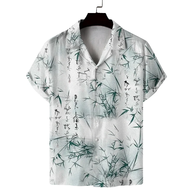 Fashionable New Men's Summer Shirt with Chinese Bamboo Print Pattern, Casual and Comfortable, Versatile and Breathable Shirt