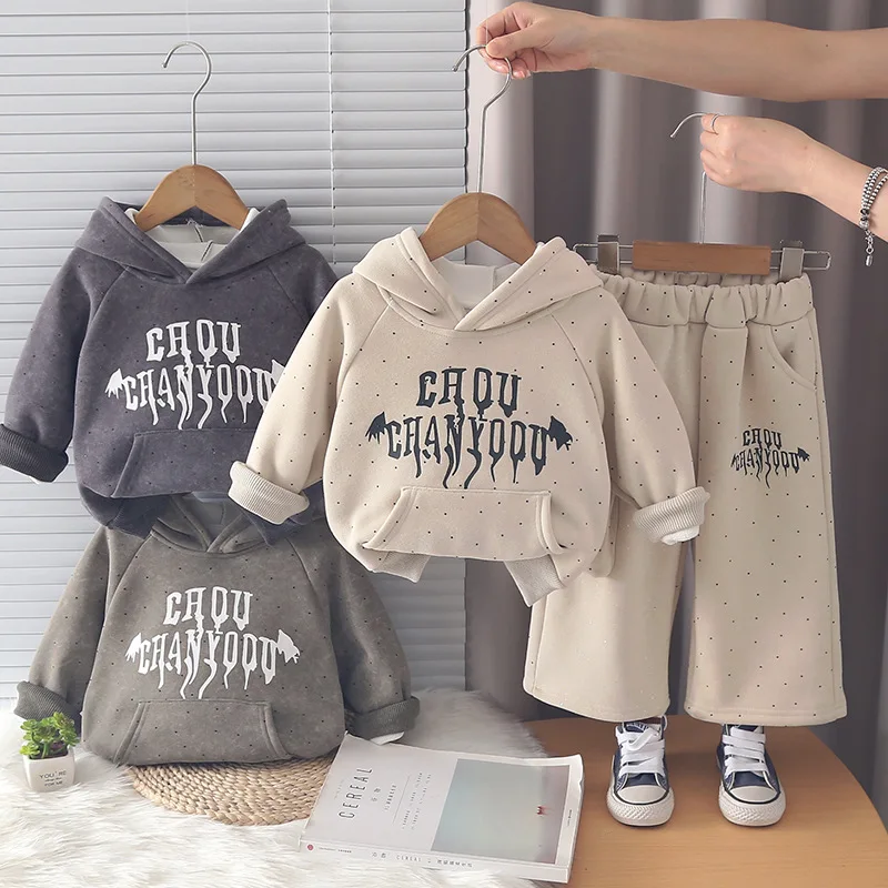 Boys Warm Clothes Sets Autumn Winter Children Thick Velvet Hoodies Tops Pants 2pcs Suit For Baby Sweatshirts Tracksuits Kids 4Y