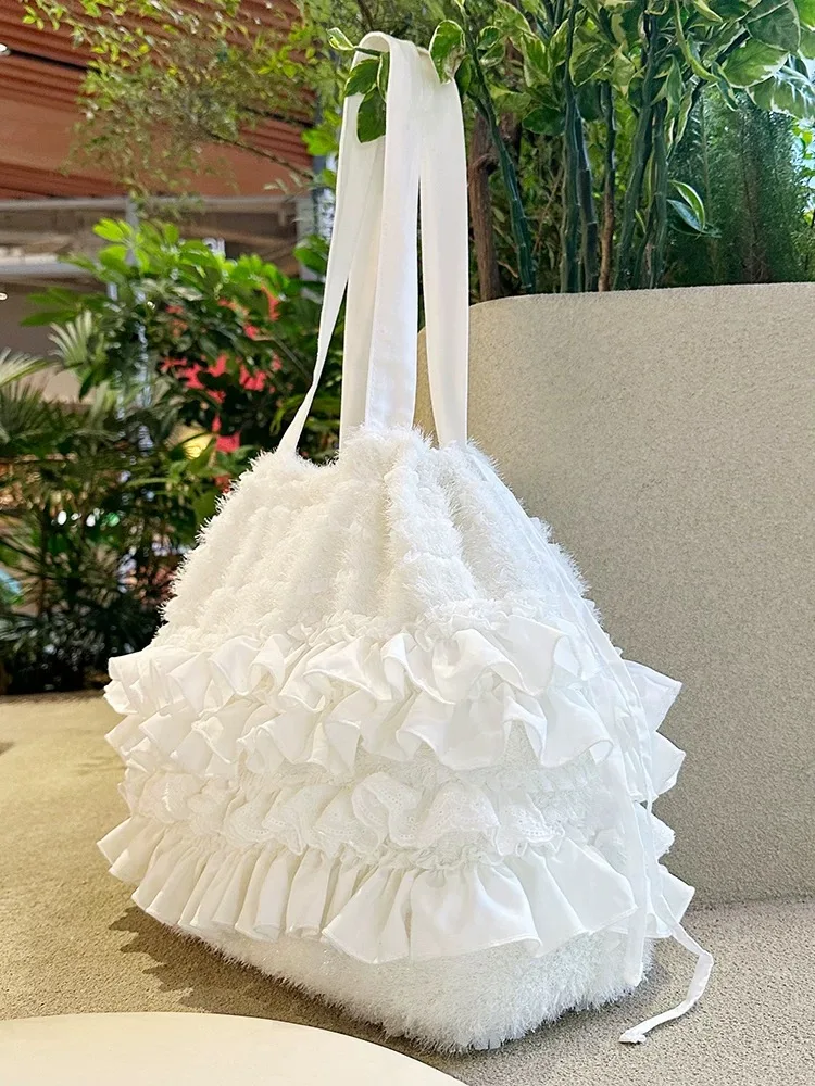 Sweet Multi-layer Pleated Lace Side Tote Bag Handmade White Special Fabric Shoulder Bag Girls Large Capacity Drawstring Handbag