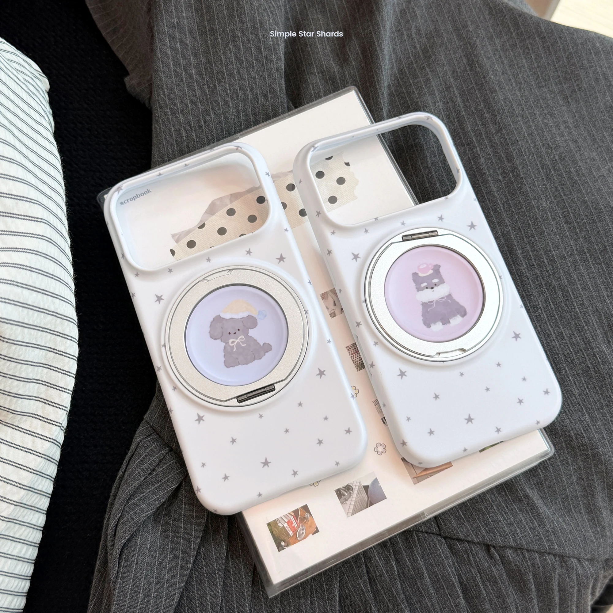 Cute Purple Pink Puppy Star Pattern White Matte Cover Case For iPhone 17 16 15 14 13 Pro Max with 360° Rotation Holder view 3