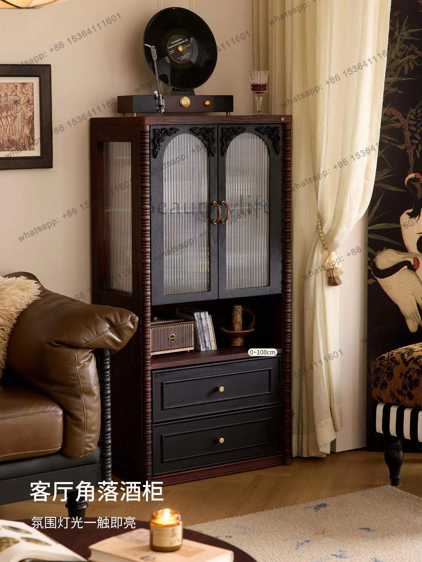 LD French retro solid wood dining side cabinet medieval glass display collection cabinet