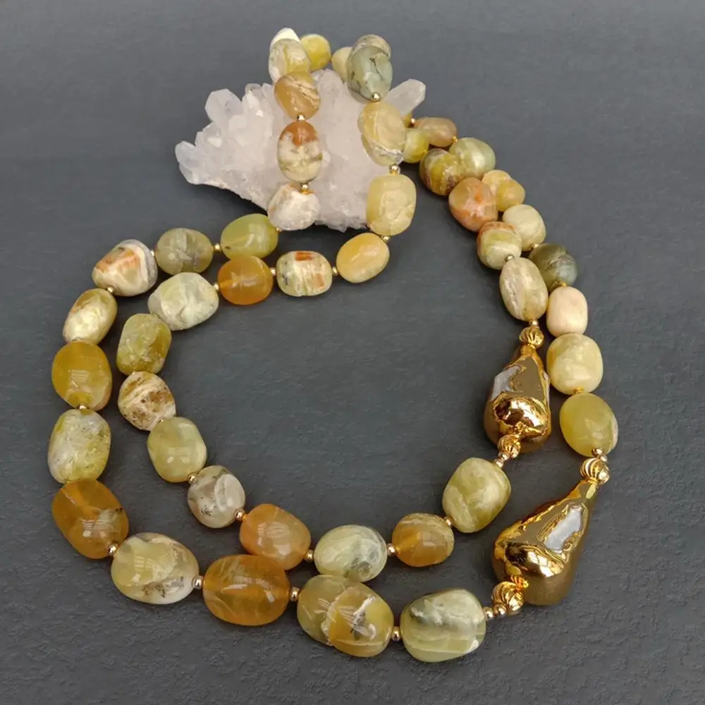 

yygem 2 Strands 14x19mm Natural Yellow Opal nugget freshwater pearl teardrop Necklace