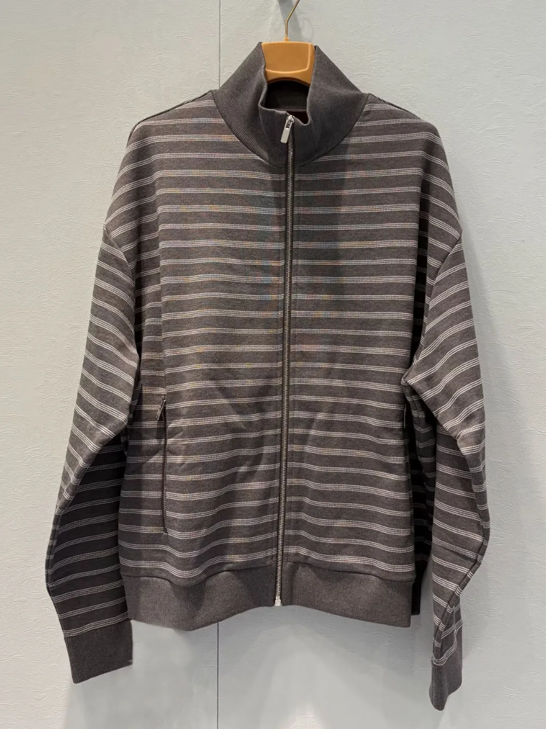 Unisex Grey Striped Stand Collar Zip Up Hoodie Autumn Vintage Loose Zipper Sweatshirt Casual Jacket Tops