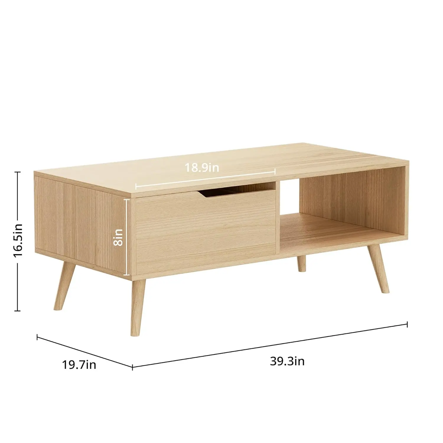 Stolik kawowy z drewna dębowego, stolik kawowy w stylu mid-century modern z szufladą i półką, prosty drewniany stolik konsola 99 cm, możliwość personalizacji